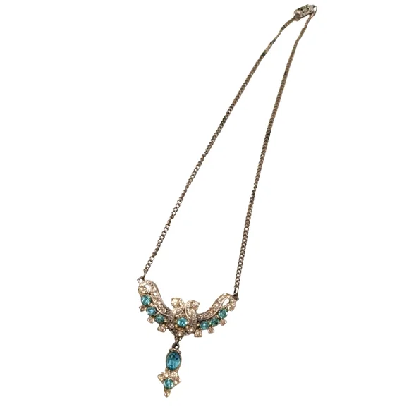 VINTAGE 1940 Silver Necklace Blue Clear Rhinestones Choker - Picture 2 of 12
